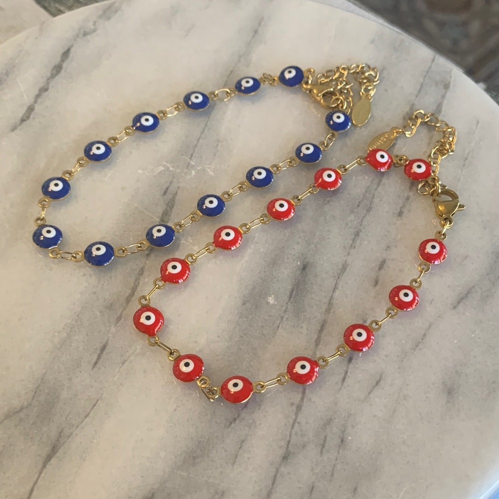 (2) Evil Eye Blue and Red Stainless Steel Bracelets